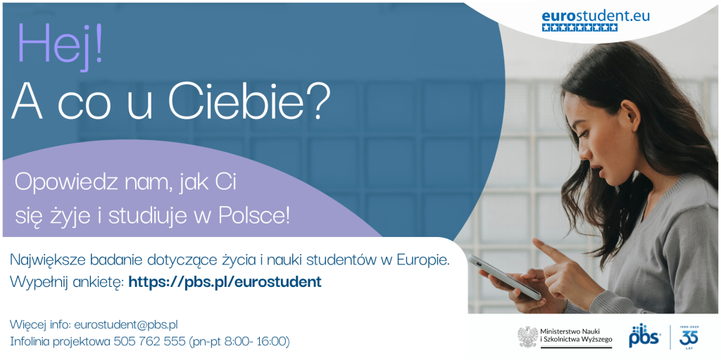 Plakat kampanii Eurostudent: młoda kobieta patrzy na telefon, obok hasło ‘Opowiedz nam, jak Ci się żyje i studiuje w Polsce!’ oraz link do ankiety: https://pbs.pl/eurostudent.